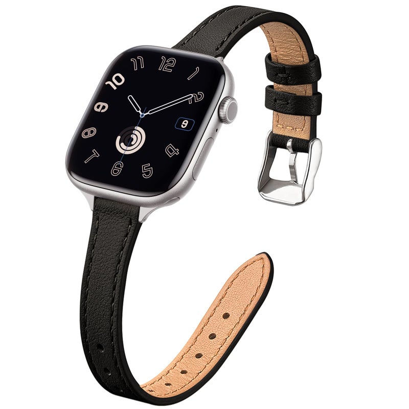 STIROLL Slim Leather Bands Compatible with Apple Watch Band 38mm 40mm 41mm 42mm(Series 11 10), Top Grain Leather Watch Thin Wristband for iWatch SE 9 8 7 6 5 4 3 2 1 (Black Silver) - Image 1